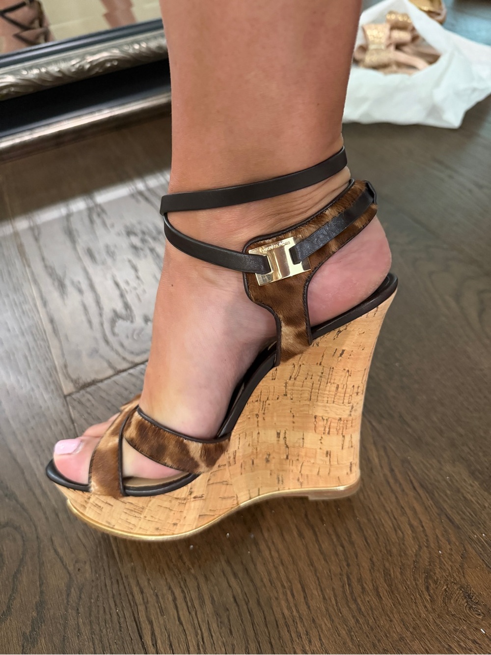 NWOT Michael Kors Wedge Sandal, Cork Platform Brown Leopard Print Pony Hair